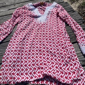 ROBERTA ROLLER RABBIT TUNIC SZ SMALL Red and White Chevron Long Sleeve Top